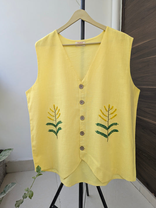 Sun Yellow Embroidered Cotton Vest