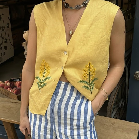 Sun Yellow Embroidered Cotton Vest